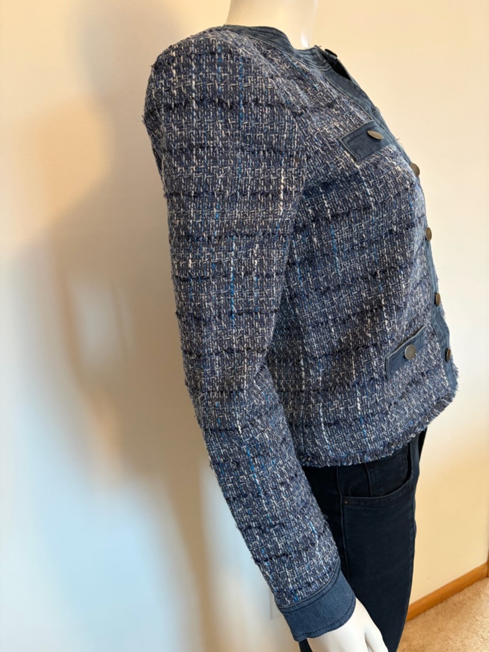 #645 ecru Mixed Media Textured Blue Tweed Collarless Jacket with denim trim - Picture 9 of 12